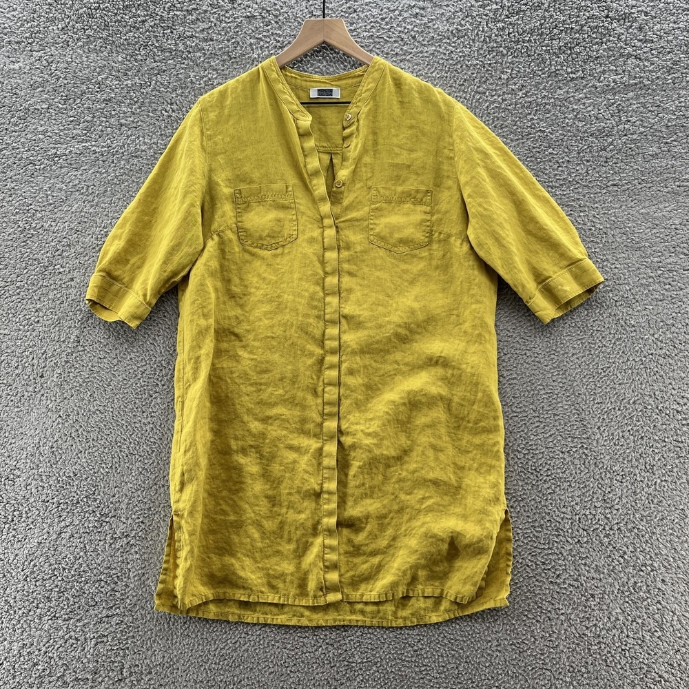 Per Te by Krizia Dress Large Yellow Green Linen Shirtdress Relaxed Classic Shift